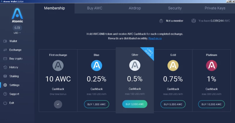 filiação atomic wallet interface